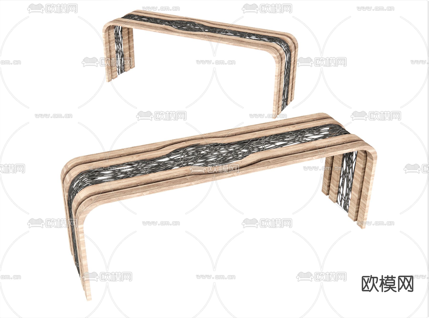 自然风实木创意床尾凳su模型下载（渲染图1）