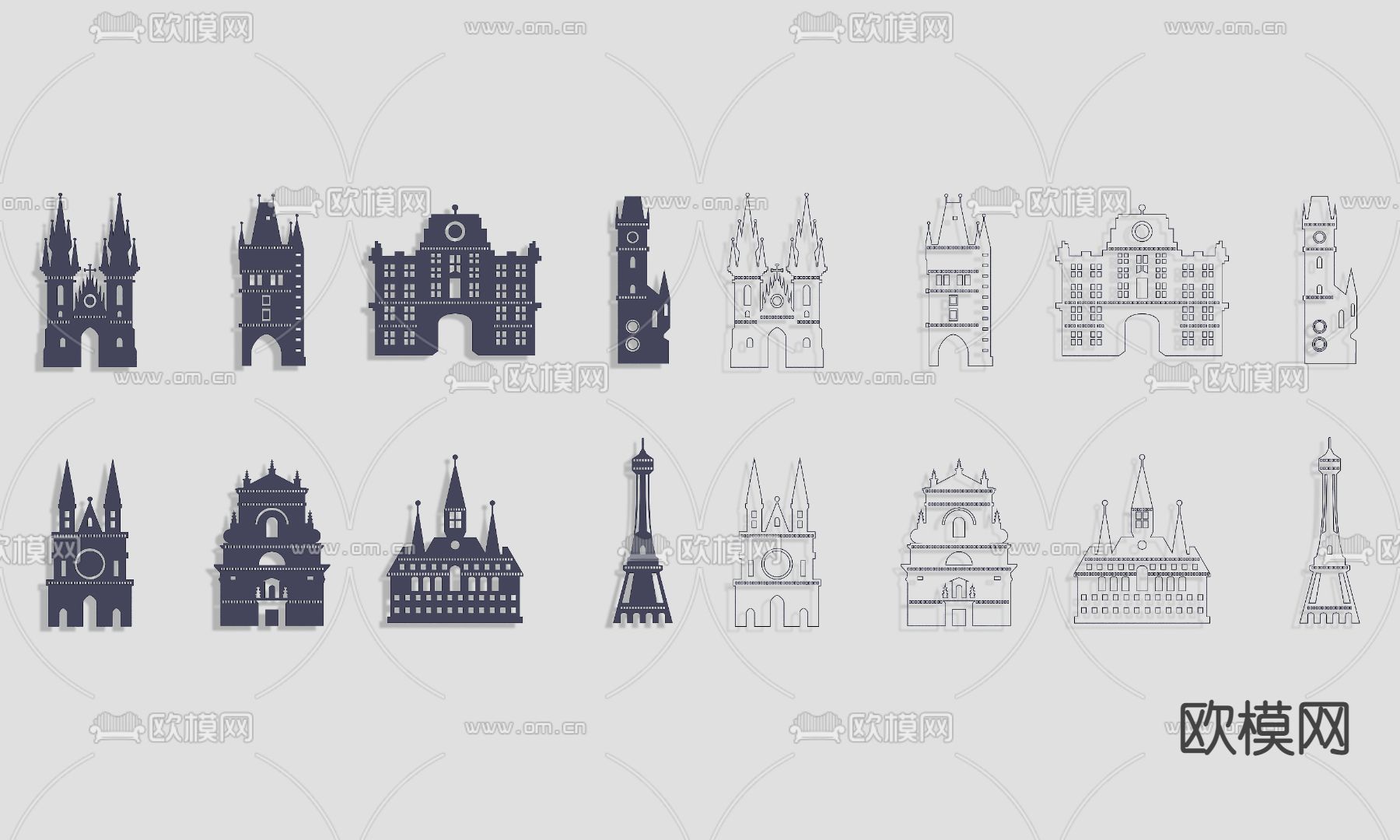 欧式城市建筑剪纸剪影墙饰装饰3d模型下载