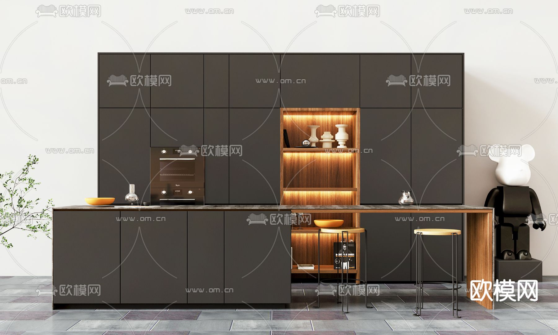 现代黑色烤漆橱柜中岛台组合3d模型下载_ID12052278_3dmax免费模型-欧模网