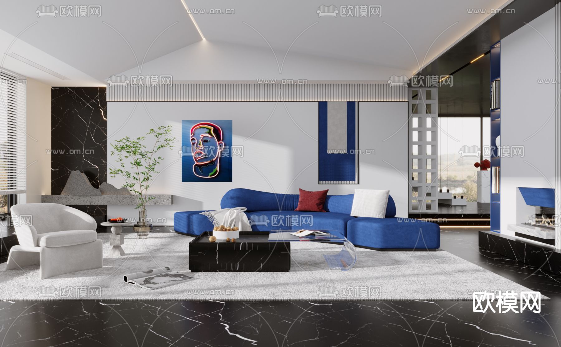 现代克莱因蓝时尚客厅3d模型