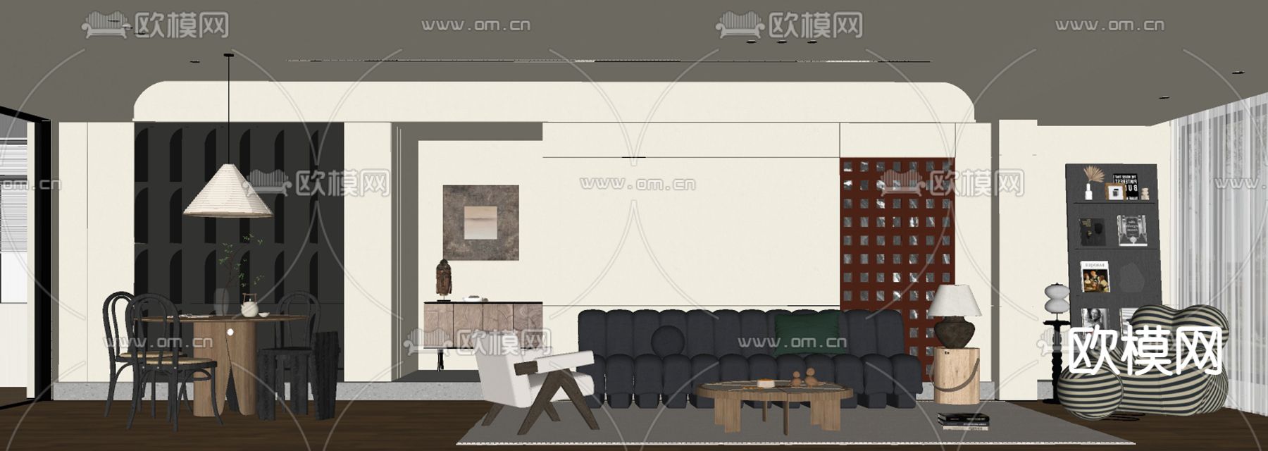 侘寂奶油风客厅餐厅su模型