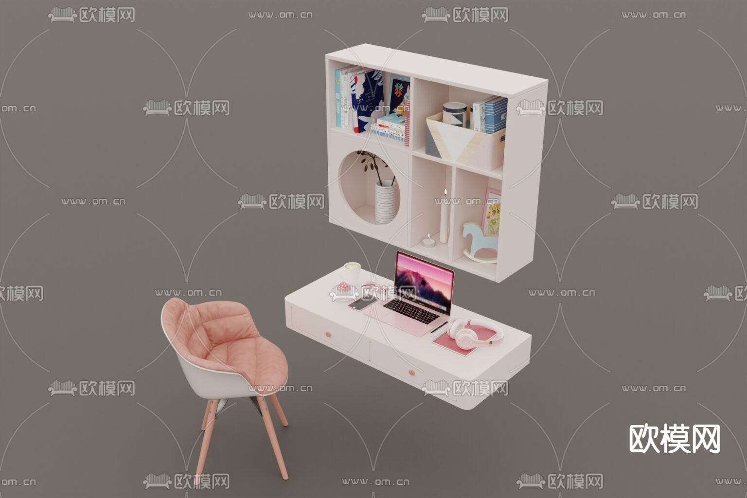 北欧简约粉白色实木书桌书柜免费3d模型下载