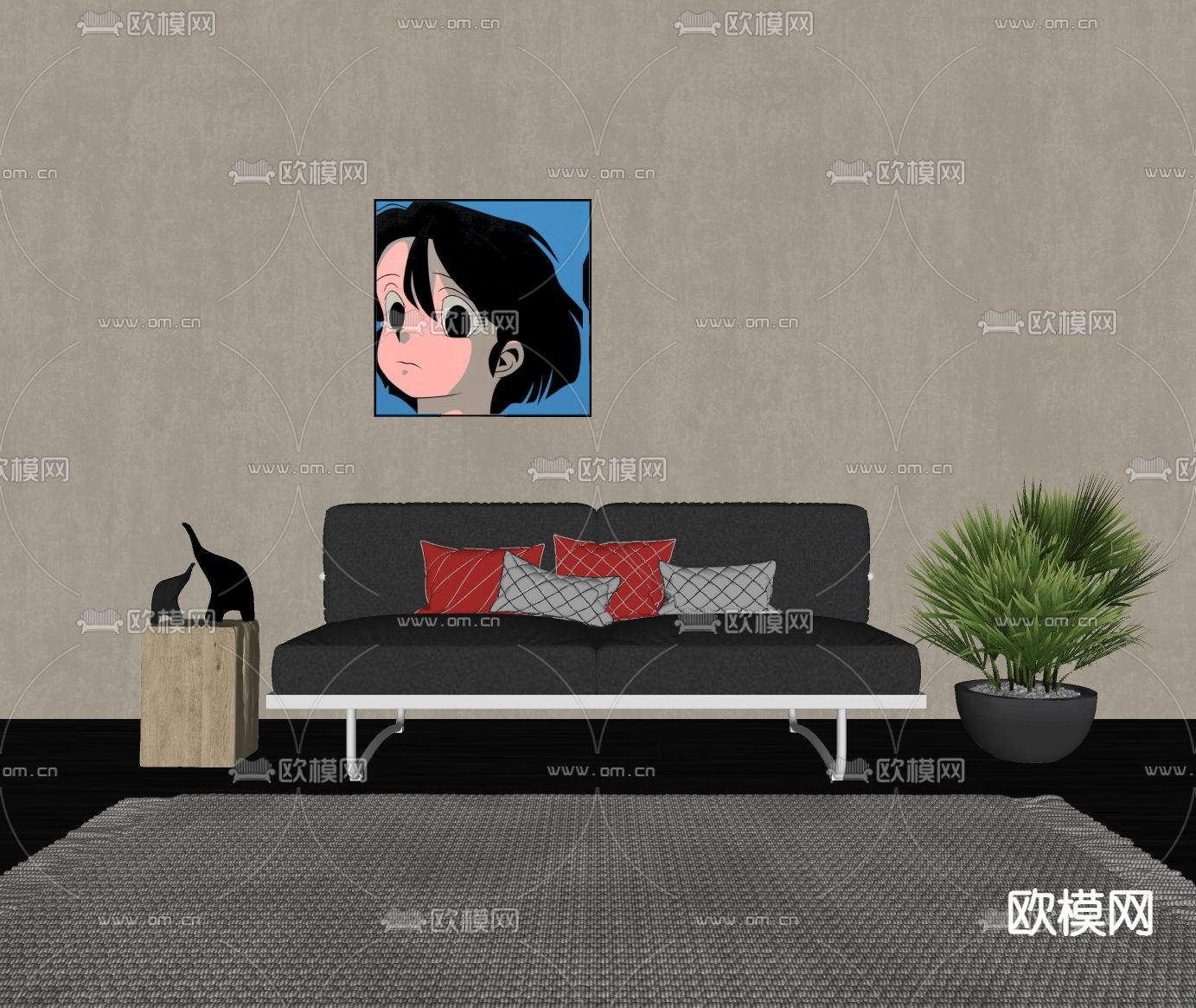 Minotti 现代黑色皮革双人沙发su模型下载（渲染图2）