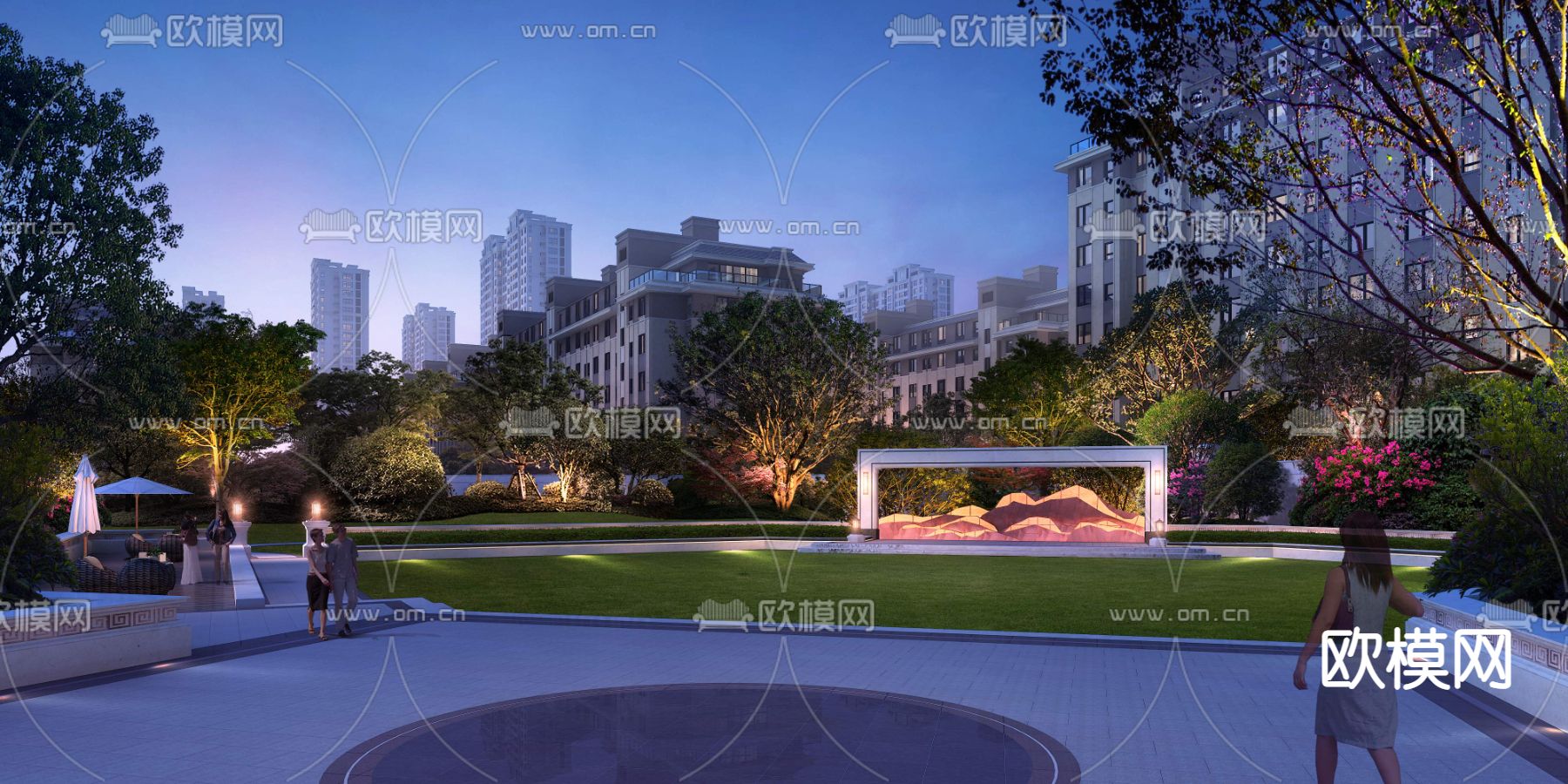 现代未来小区公园园林夜景景观psd下载_ID12055603_3dmax免费模型-欧模网