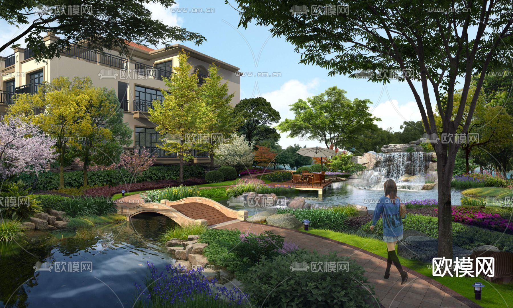 现代小区公园流水景观psd下载