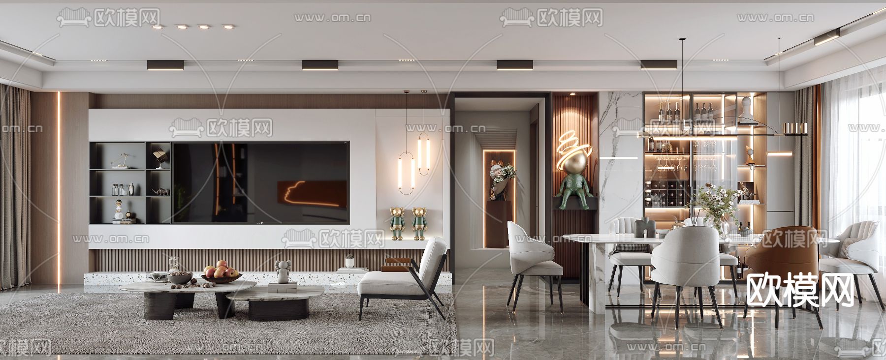 现代轻奢客厅餐厅3d模型