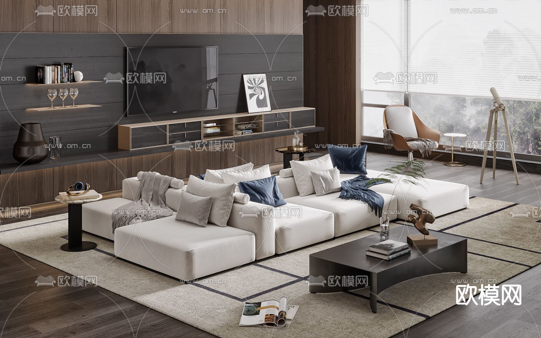 Molteni&C 现代双面拼接多人沙发3d模型下载（渲染图1）