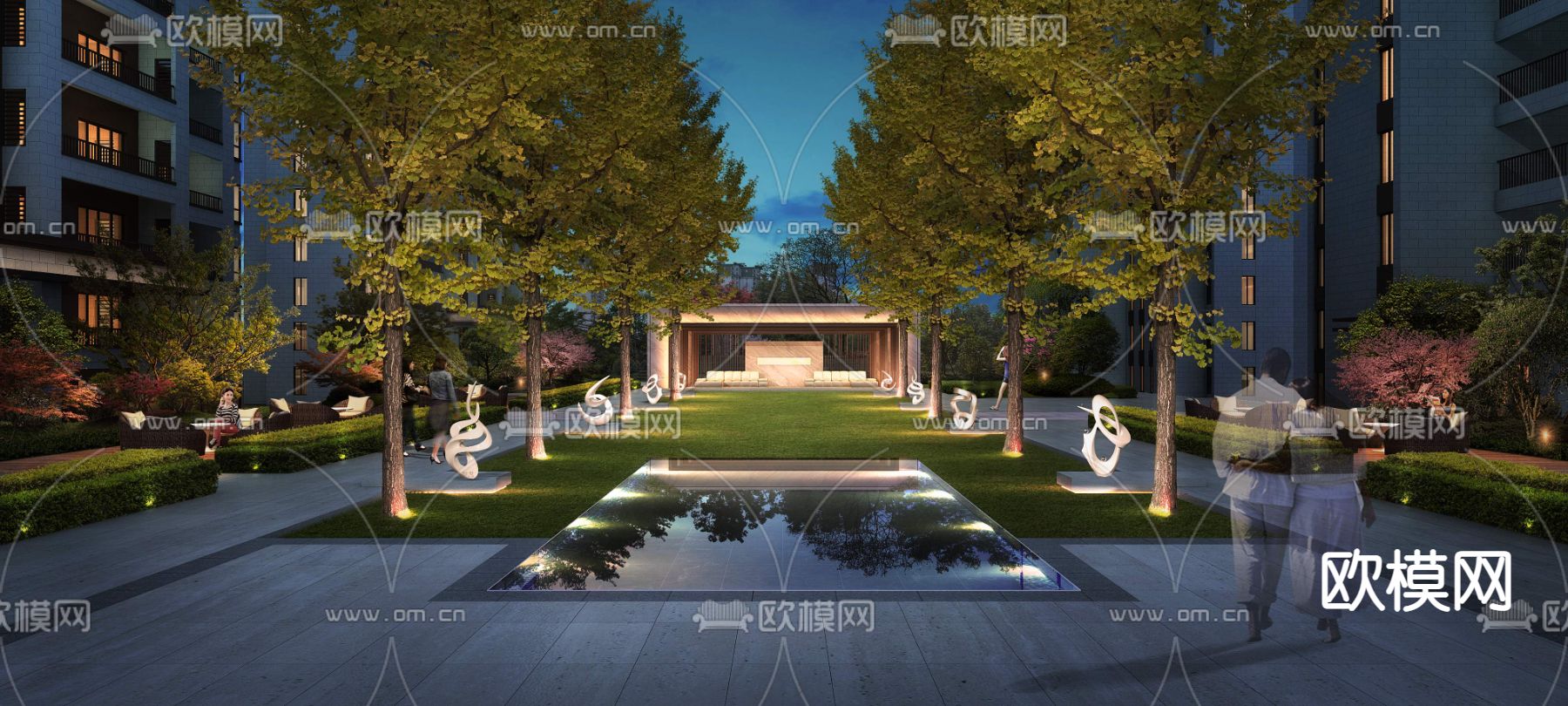 现代小区公园夜景景观psd下载