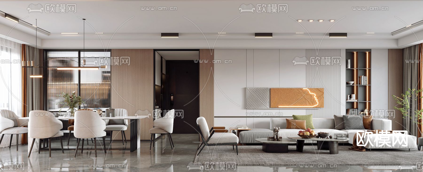 现代轻奢客厅餐厅3d模型