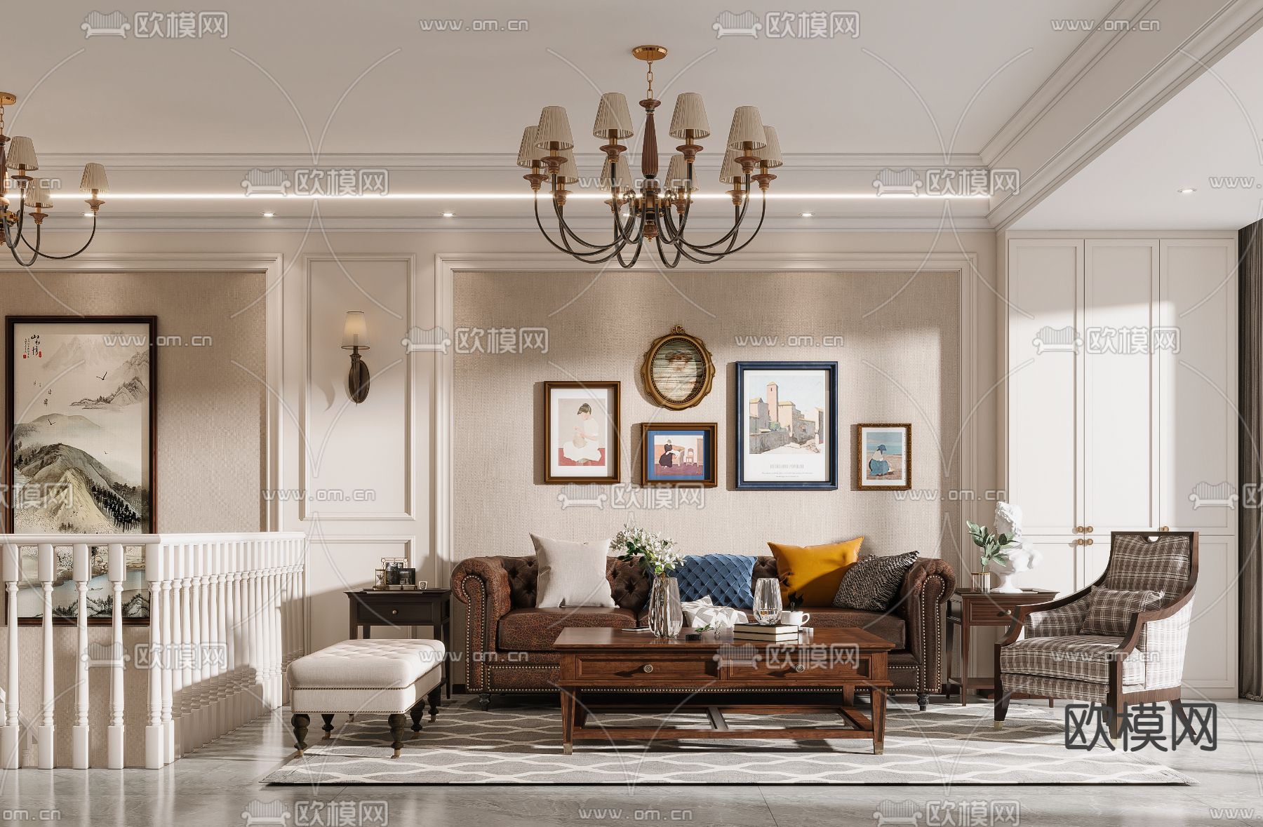 美式客厅门厅3d模型下载（渲染图1）