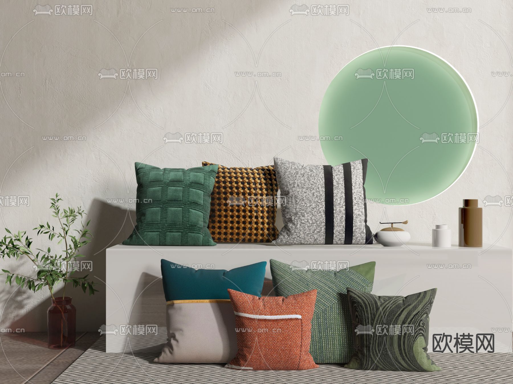 现代绿色系抱枕3d模型下载
