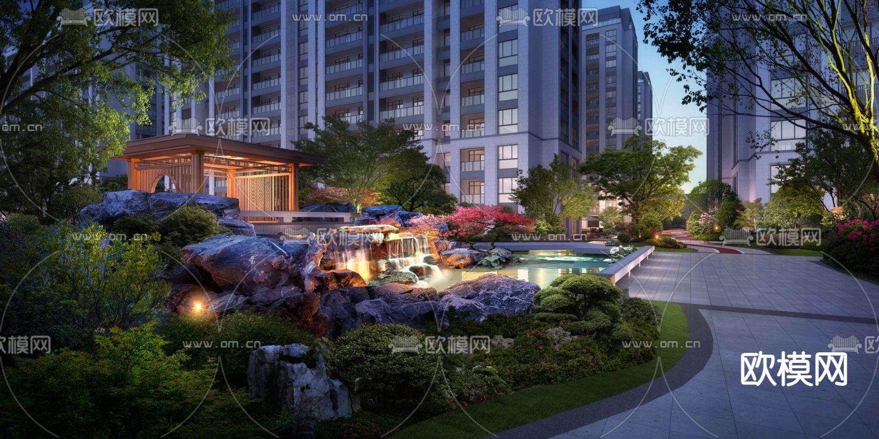 现代小区公园流水景观psd下载