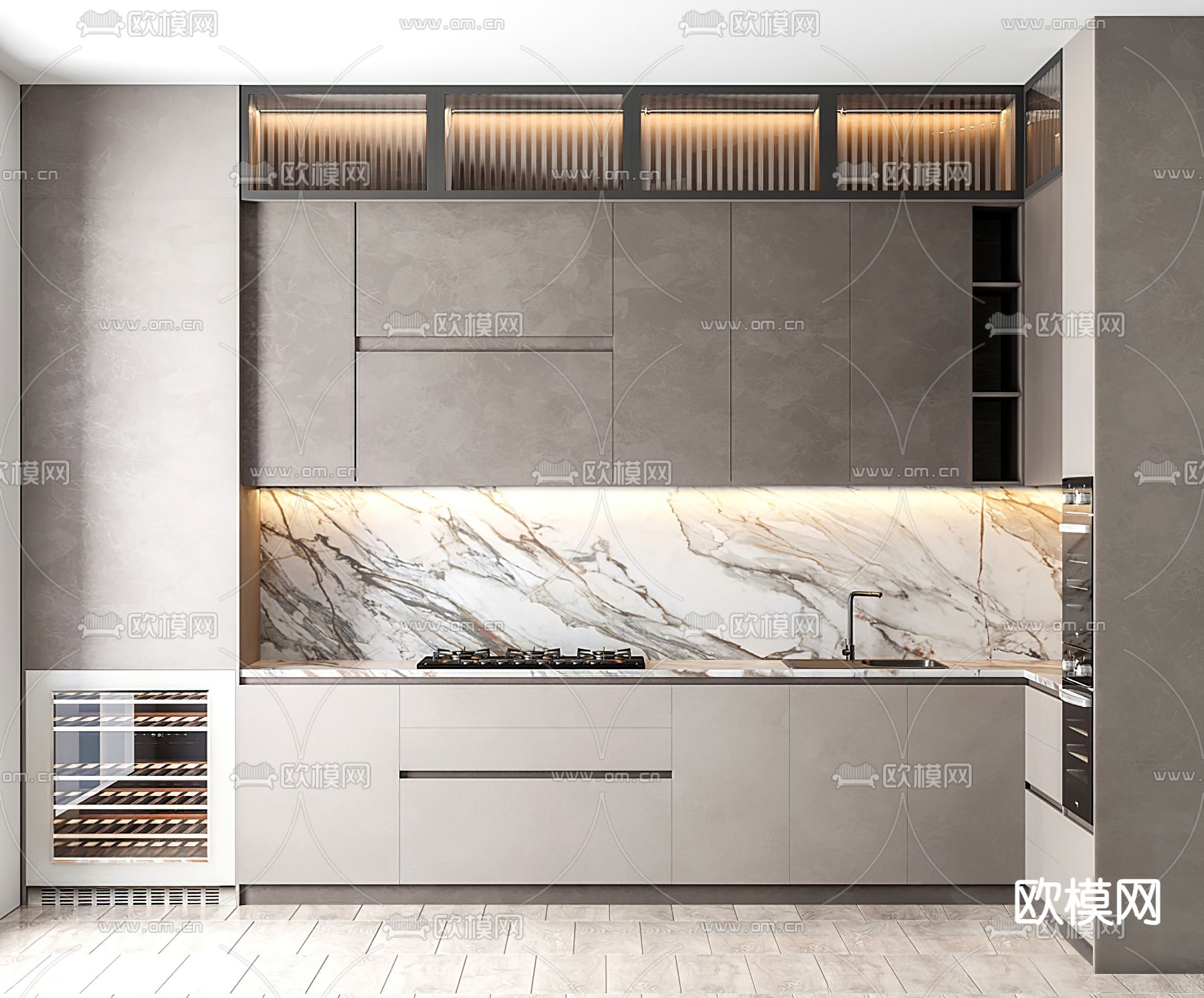现代奶油风厨房橱柜3d模型下载（渲染图1）