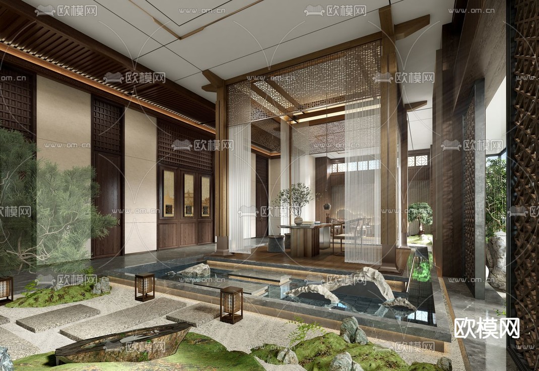 新中式室内园林景观3d模型下载_ID12053830_3dmax免费模型-欧模网