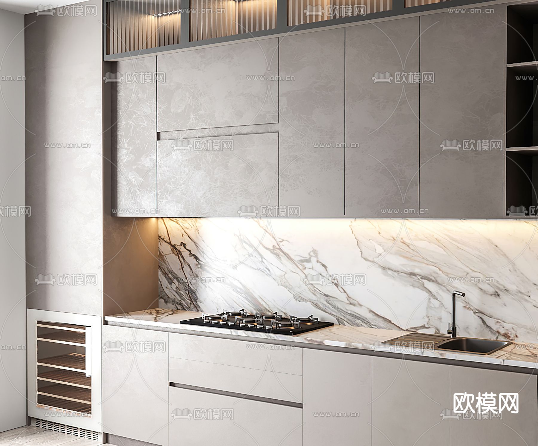现代奶油风厨房橱柜3d模型下载（渲染图2）
