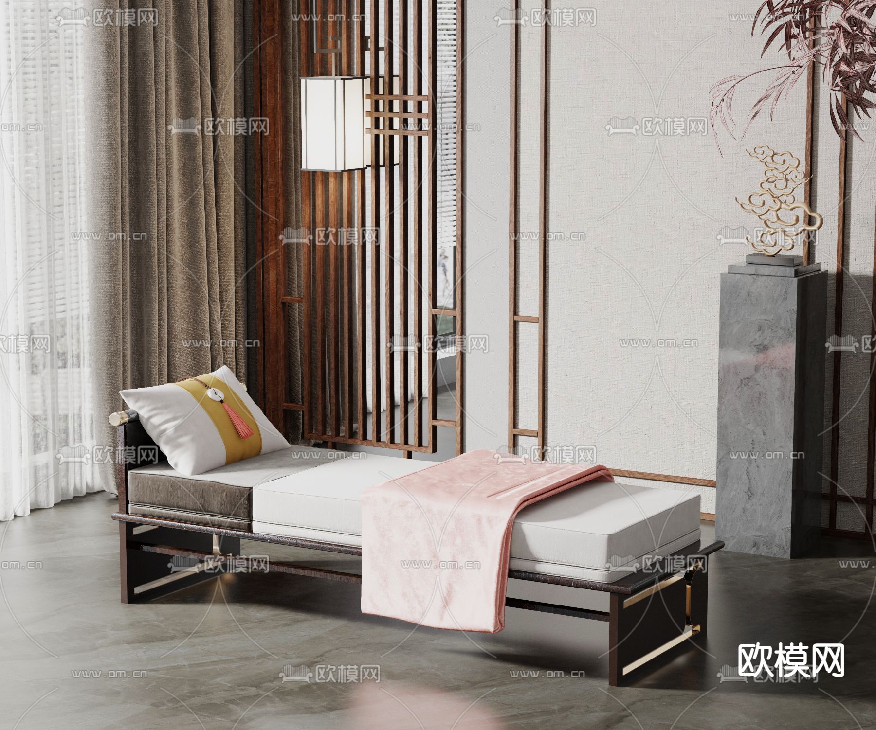 新中式白色沙发凳贵妃椅3d模型下载