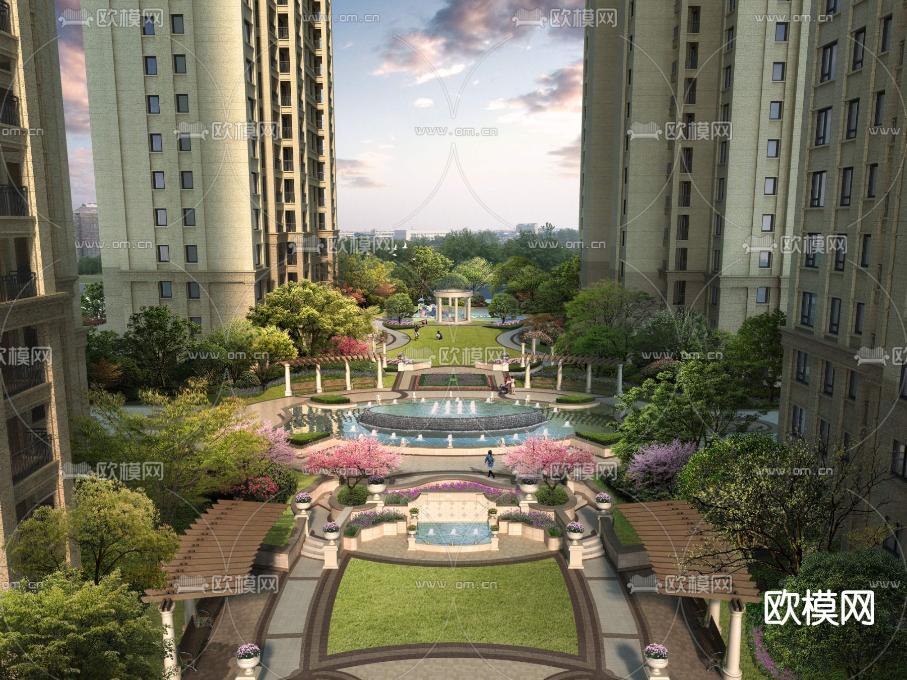 现代未来小区庭院花园景观psd下载_ID12056132_3dmax免费模型-欧模网