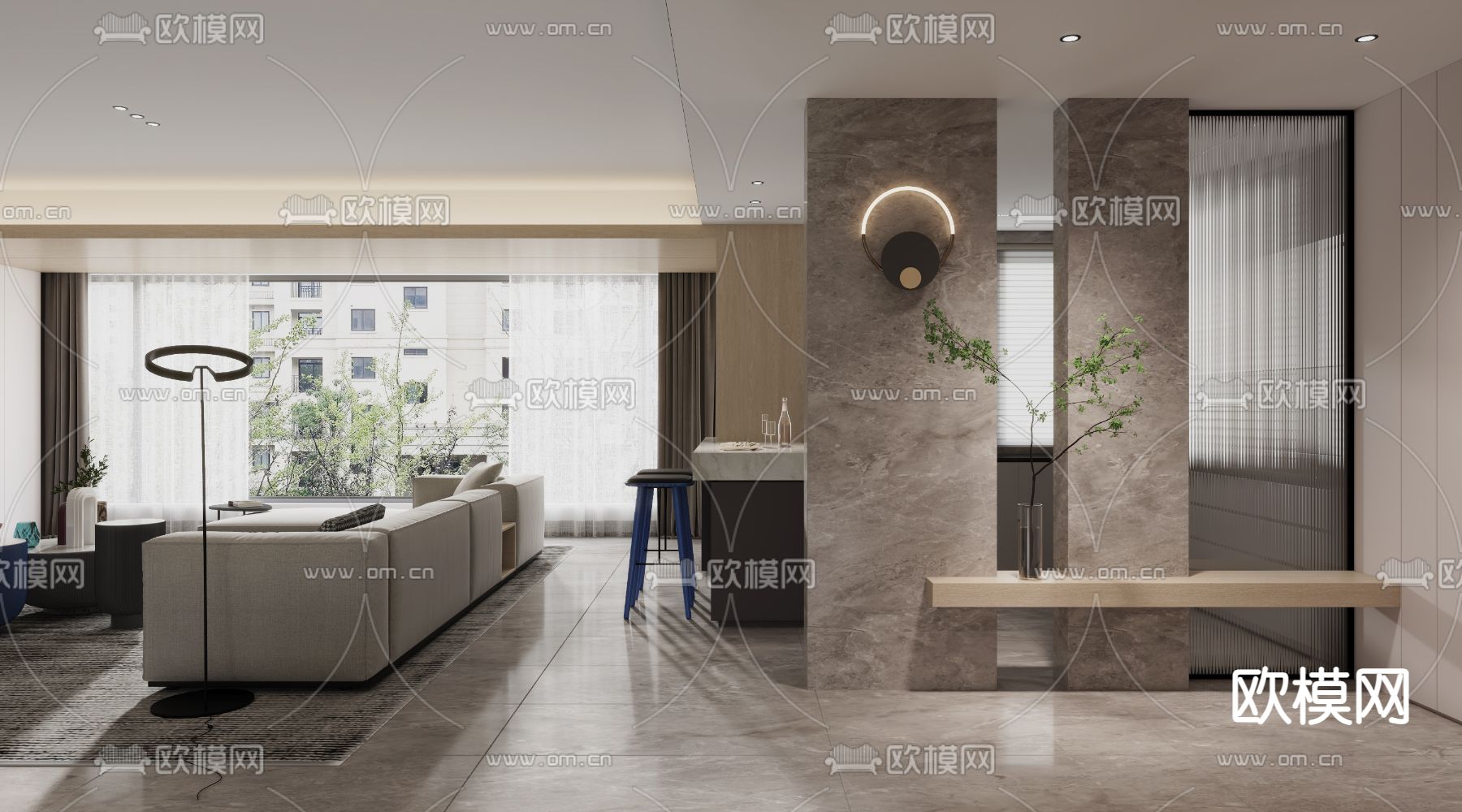 现代克莱因蓝客餐厅3d模型下载（渲染图2）