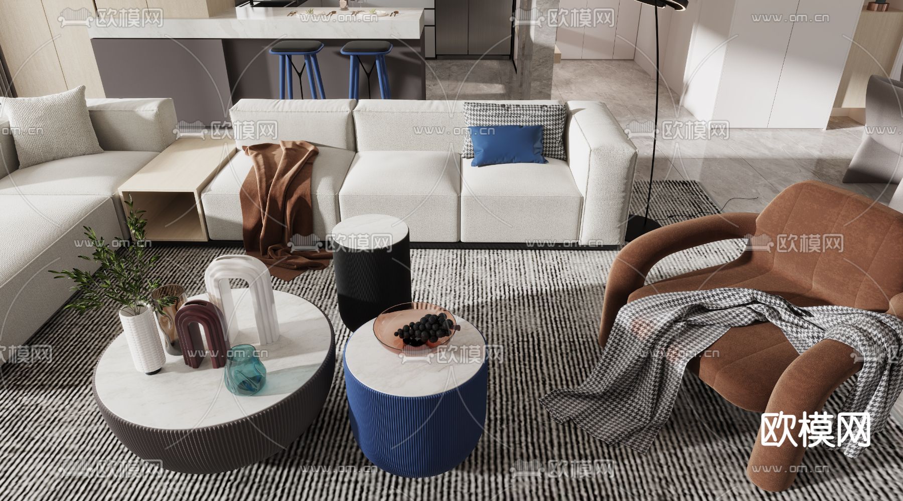 现代克莱因蓝客餐厅3d模型下载（渲染图4）