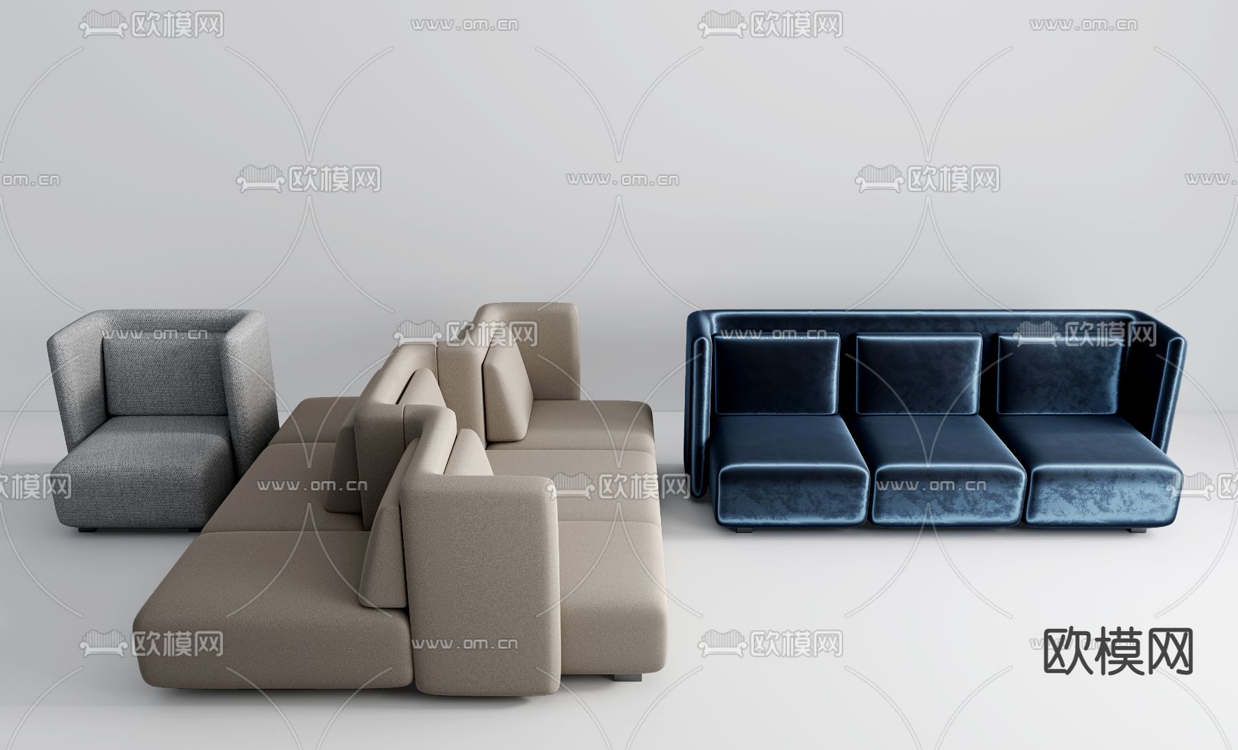 现代办公绒布组合沙发3d模型下载