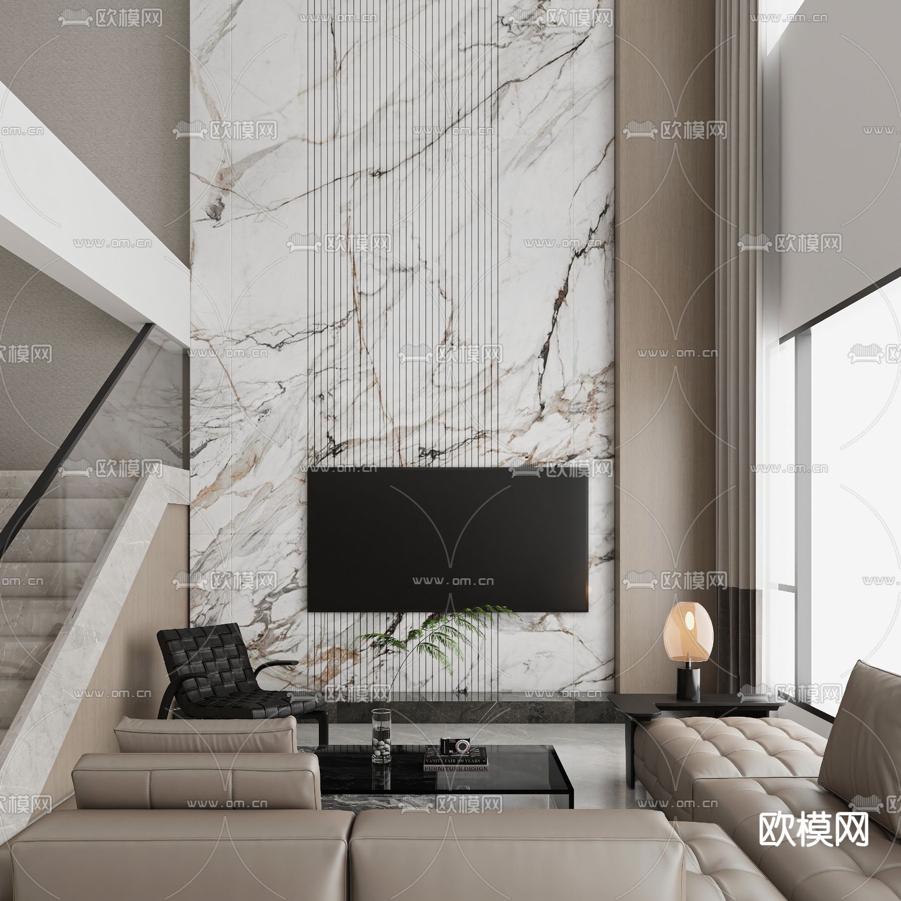 现代高级灰复式别墅大堂3d模型下载（渲染图1）