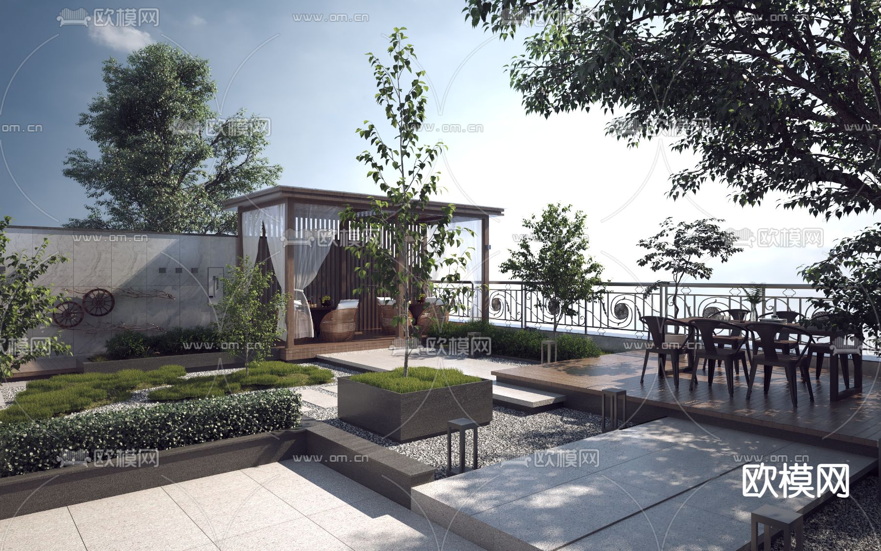新中式别墅屋顶花园3d模型下载