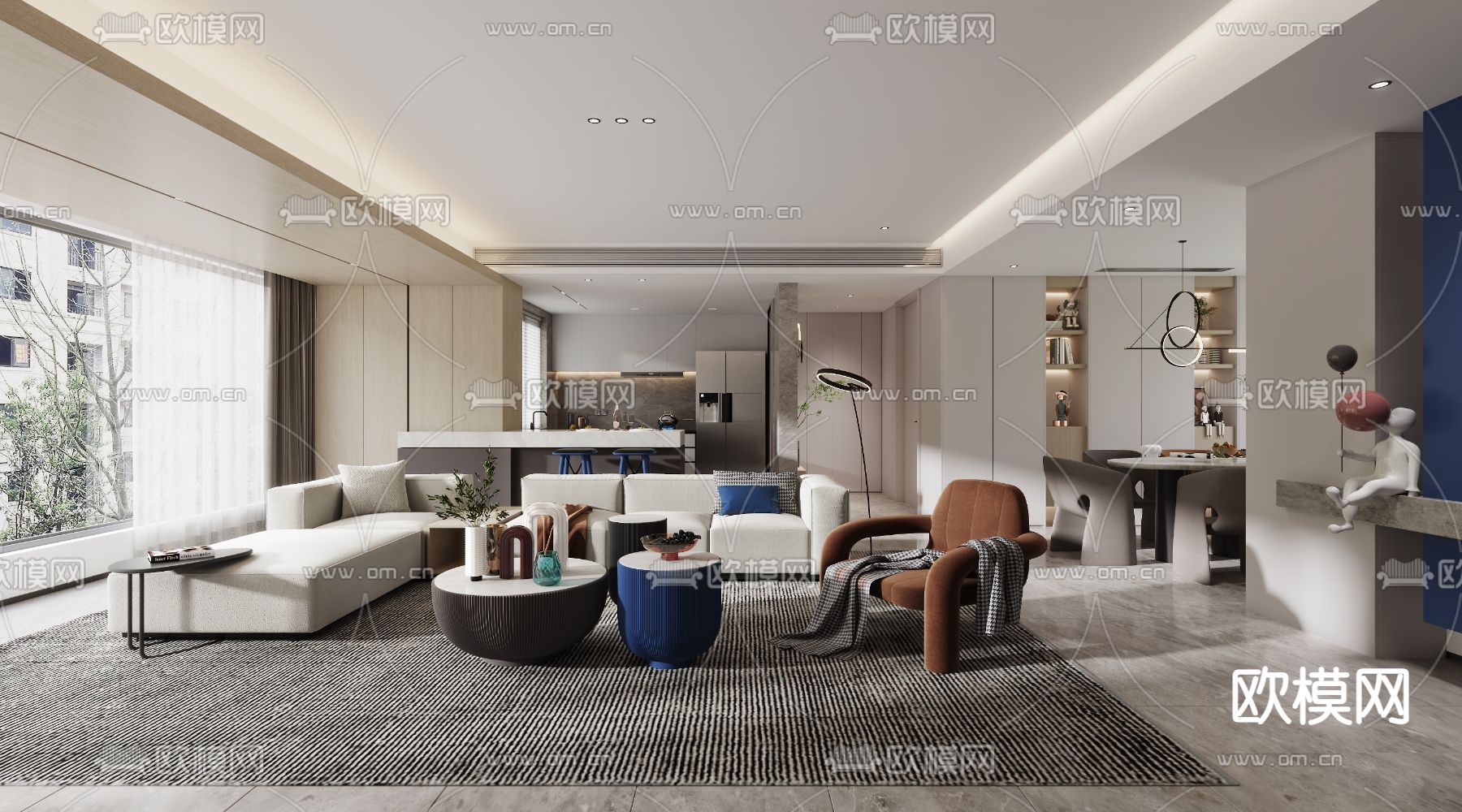 现代克莱因蓝客餐厅3d模型下载（渲染图1）