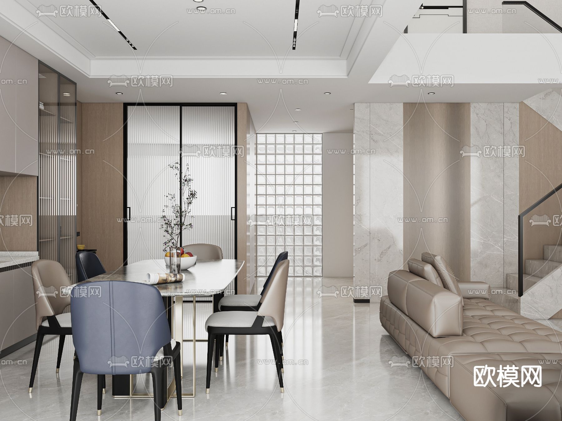 现代高级灰复式别墅大堂3d模型下载（渲染图2）