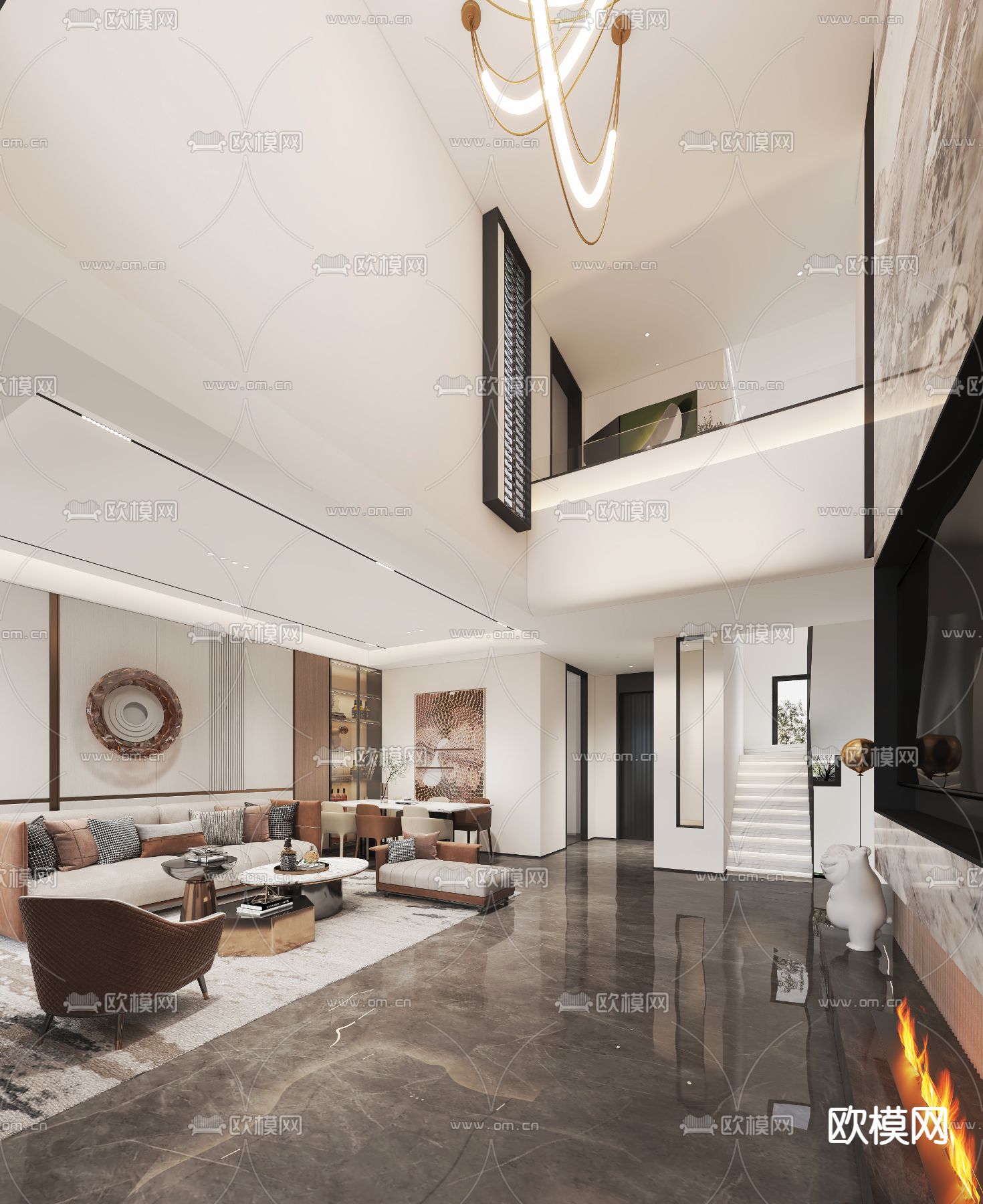 现代轻奢别墅客厅大堂模型下载（渲染图3）