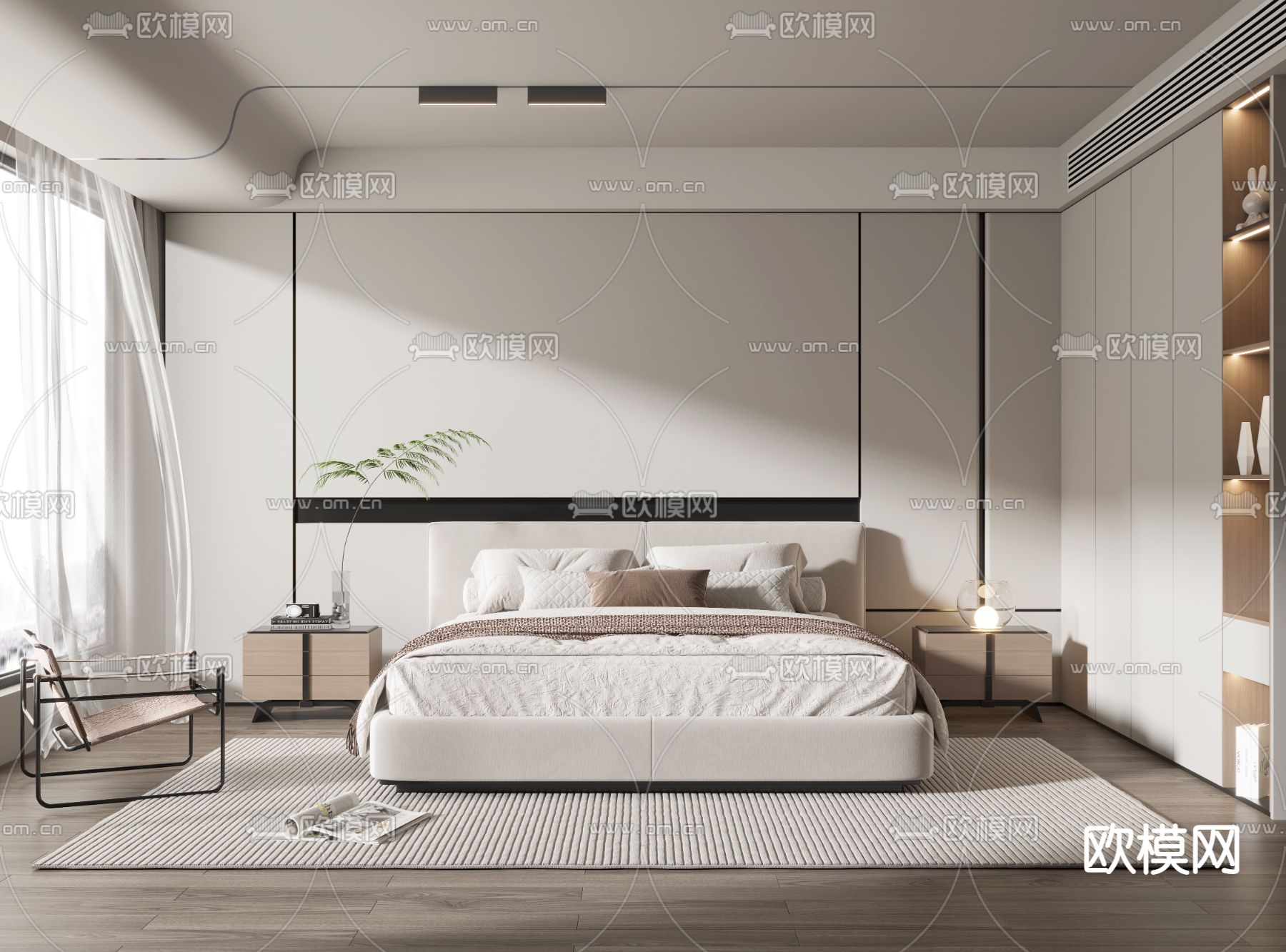 现代奶油风卧室主人房3d模型下载_ID12058387_3dmax免费模型-欧模网