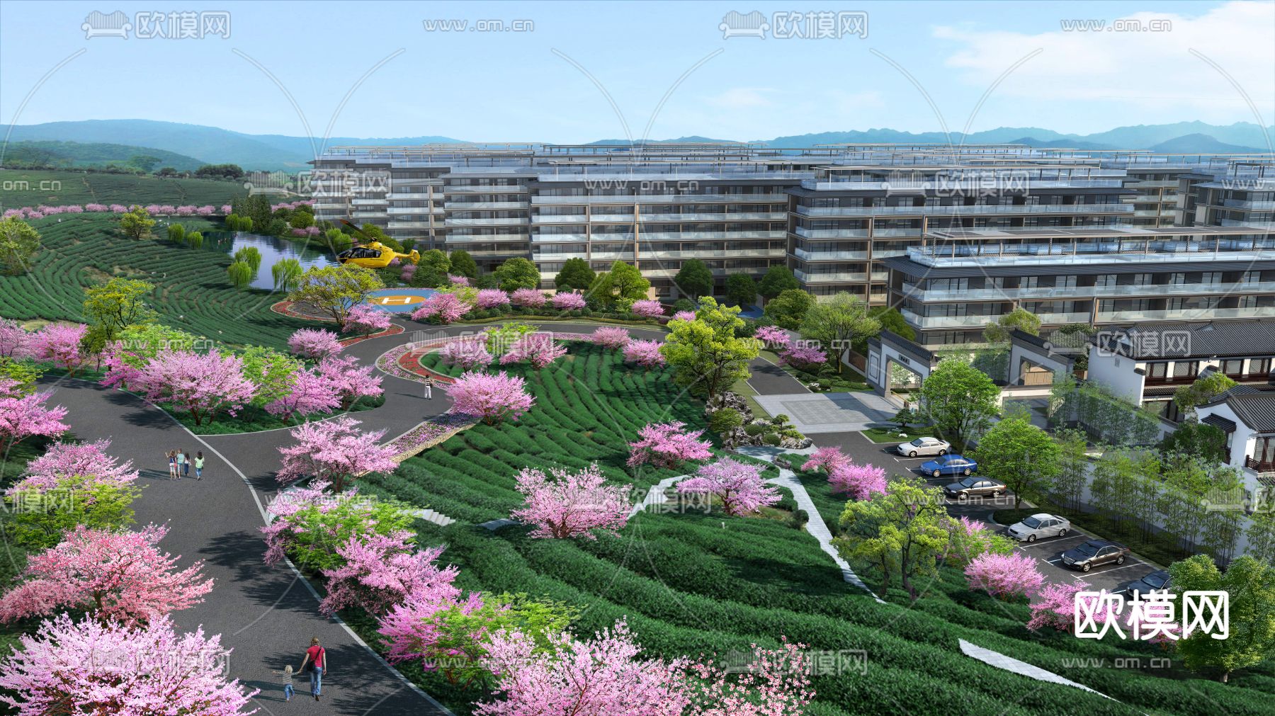 现代桃花树公园园林鸟瞰景观psd下载