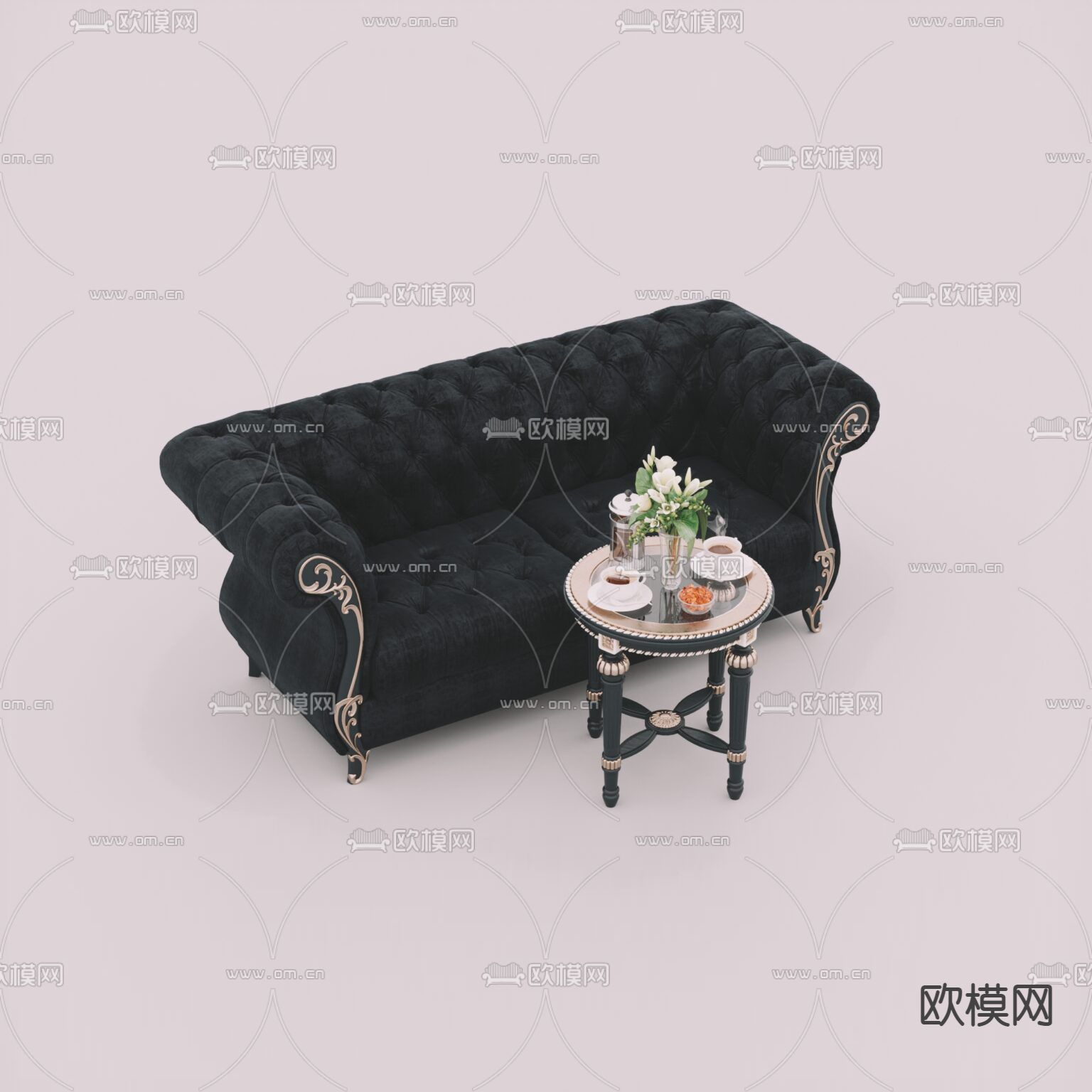 欧式古典实木描金雕花布艺双人沙发免费3d模型下载_ID12059576_3dmax免费模型-欧模网