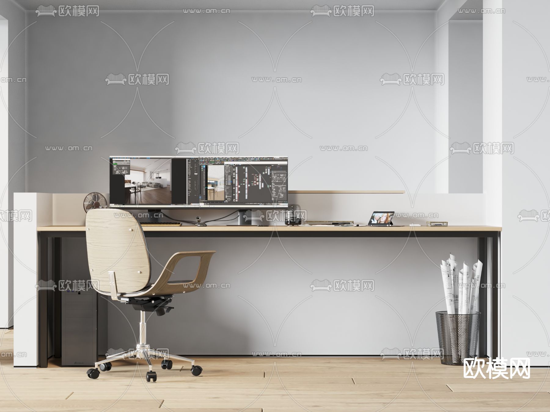 现代简约长条书桌椅3d模型下载_ID12059482_3dmax免费模型-欧模网