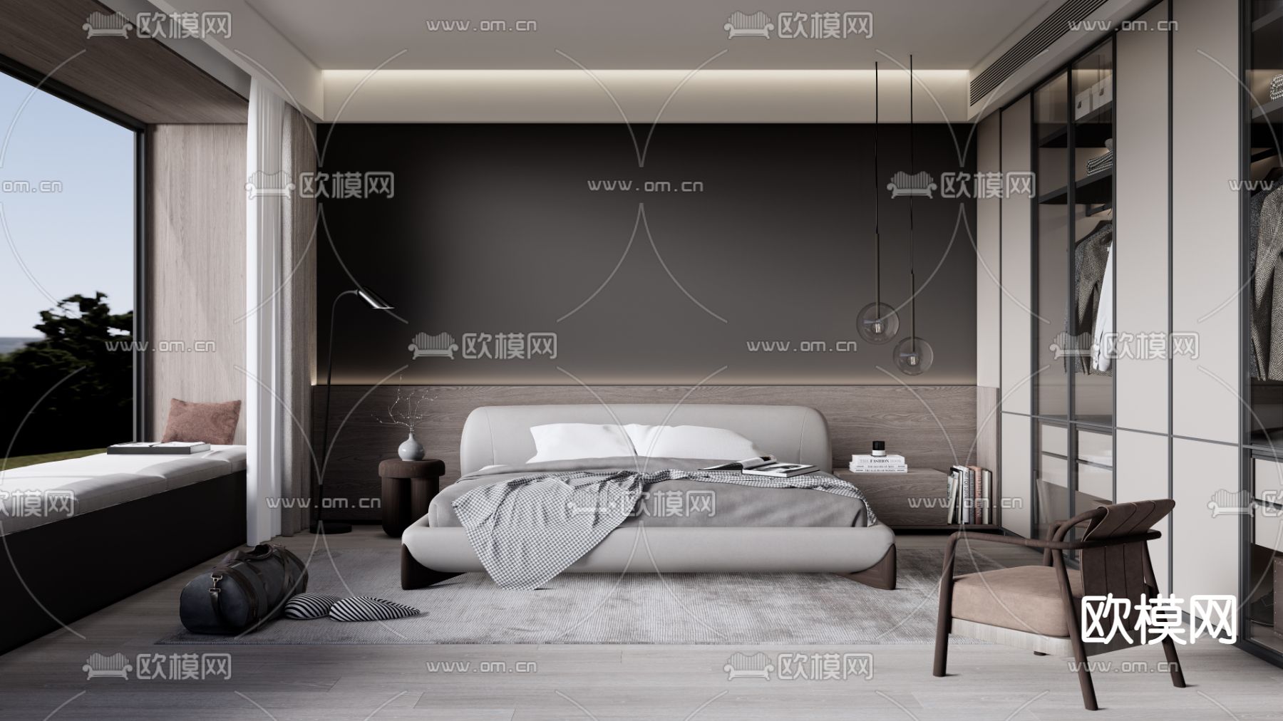 现代高级暗黑风卧室su模型下载（渲染图1）