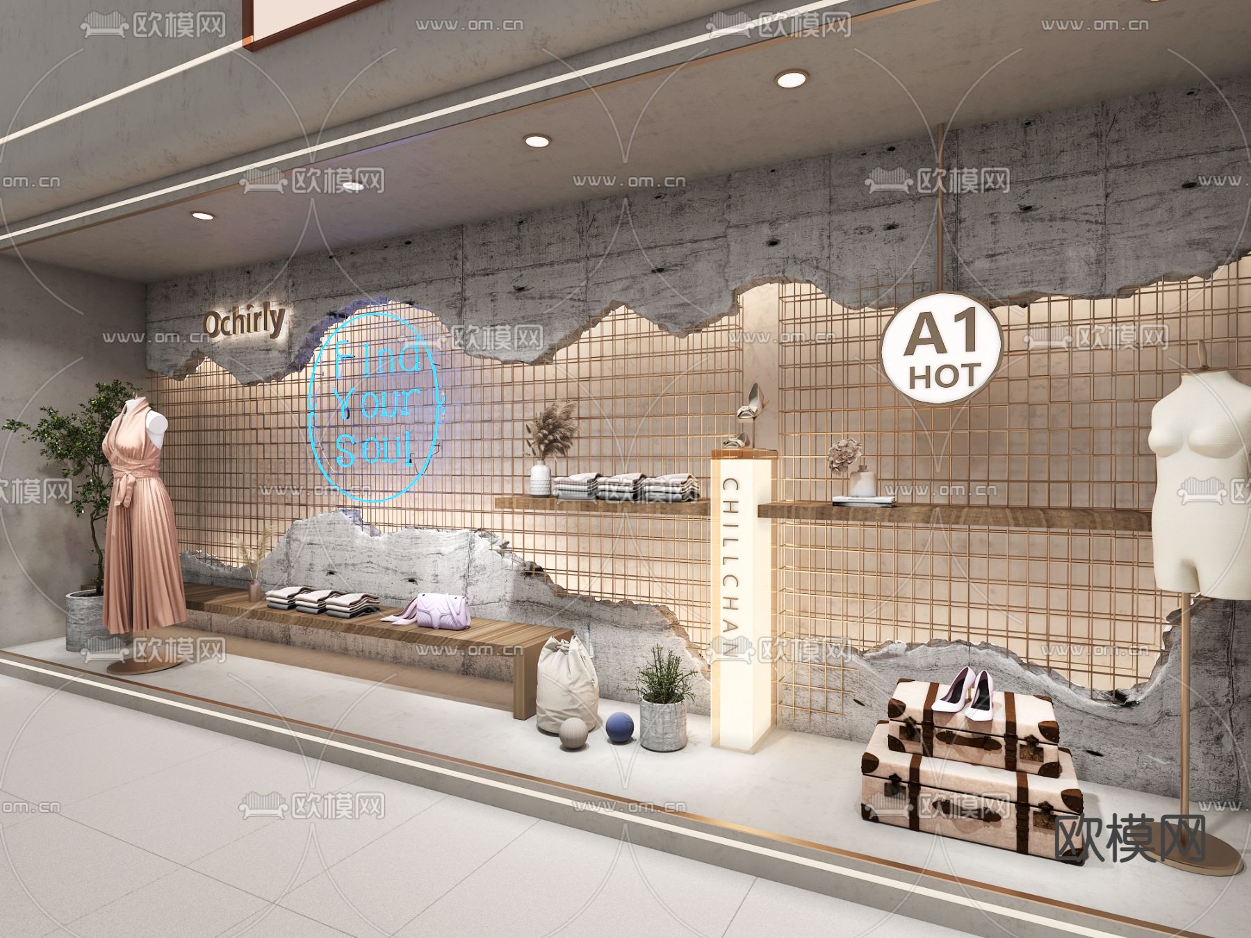工业风服装店橱窗su模型