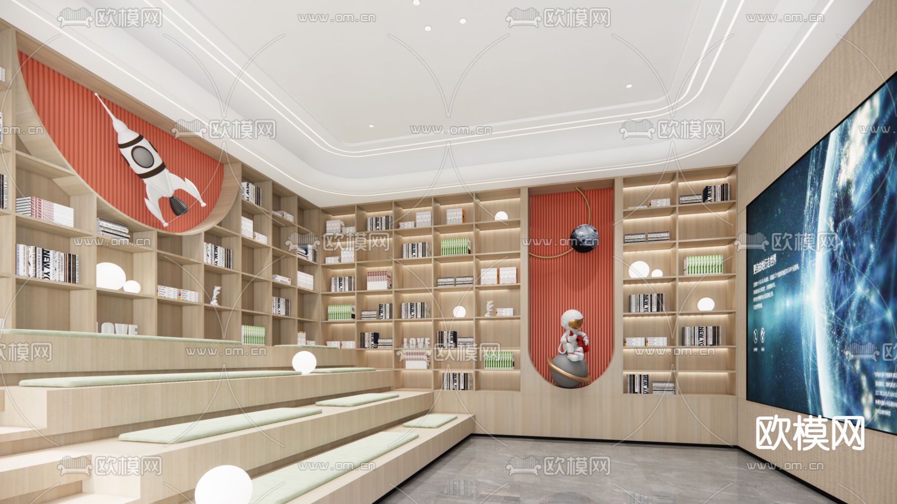现代图书馆阅读室su模型下载（渲染图1）
