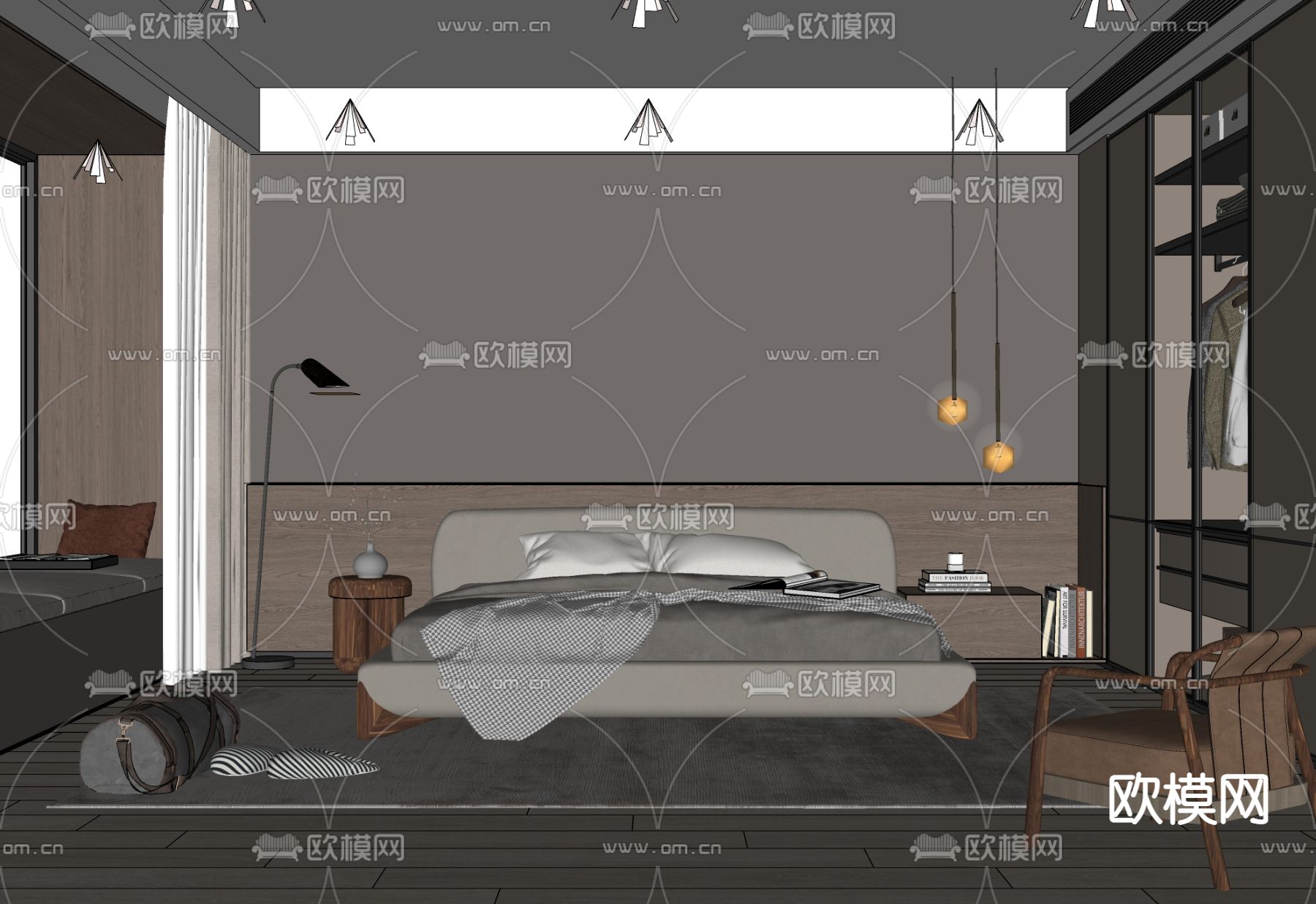 现代高级暗黑风卧室su模型下载（渲染图2）