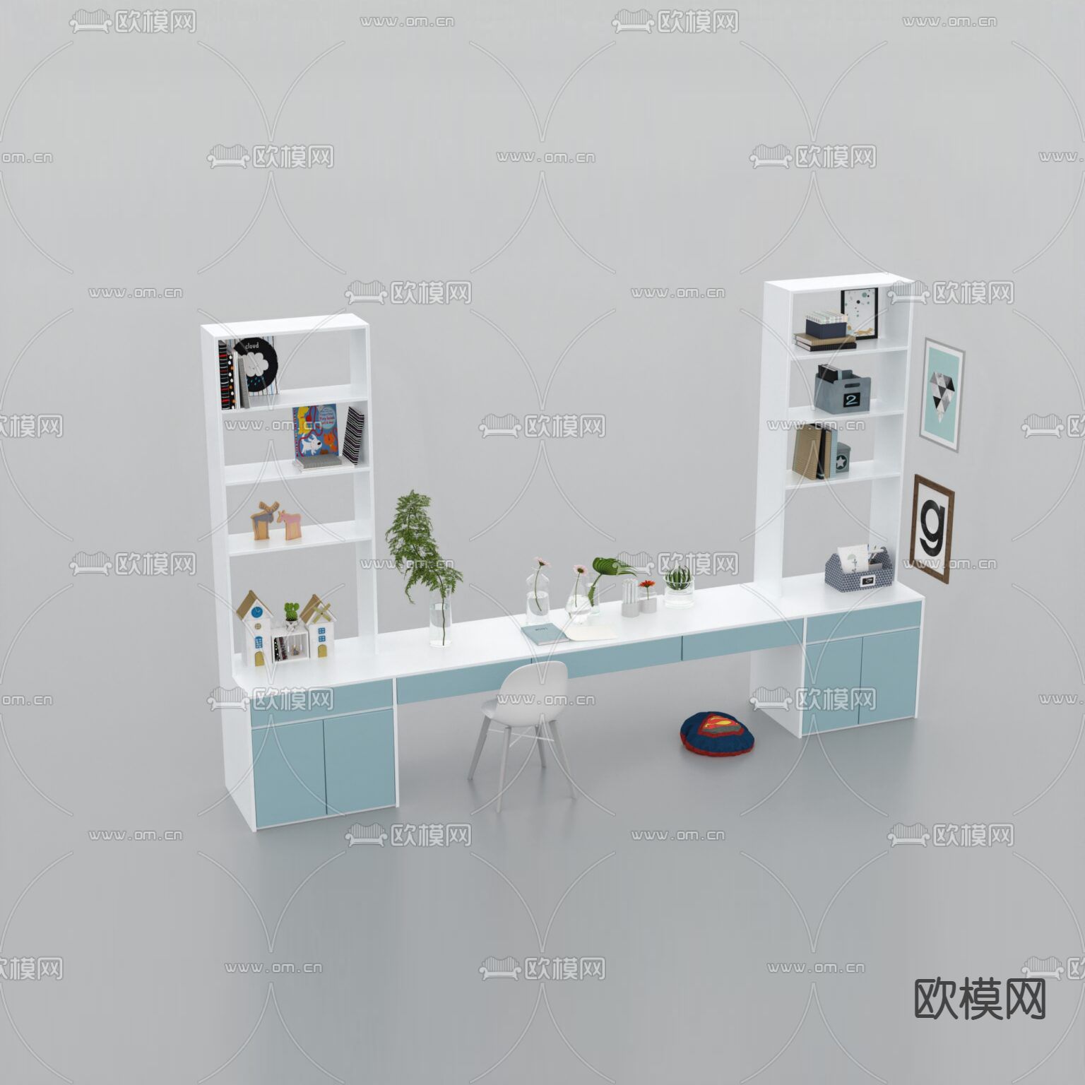 北欧简约实木书桌书柜免费3d模型