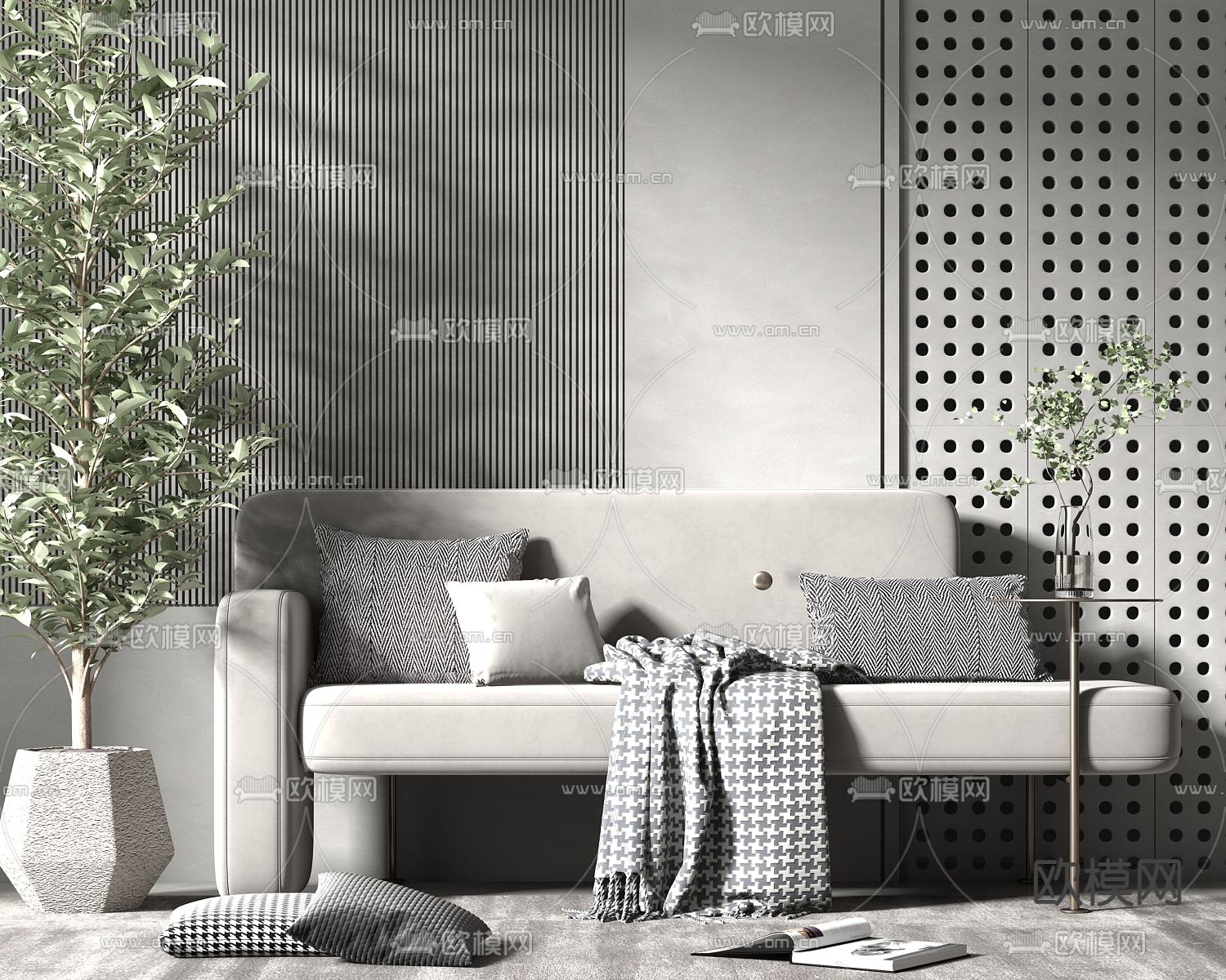 现代布艺休闲沙发su模型下载（渲染图1）