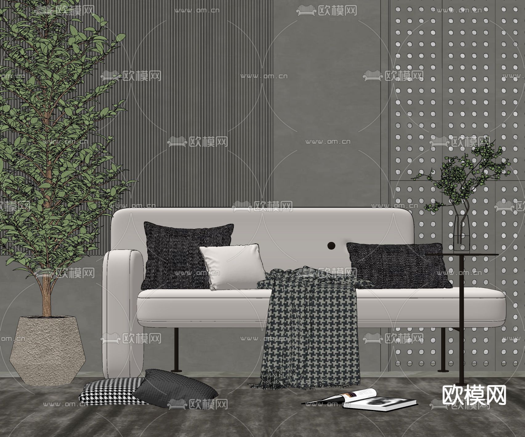 现代布艺休闲沙发su模型下载（渲染图2）