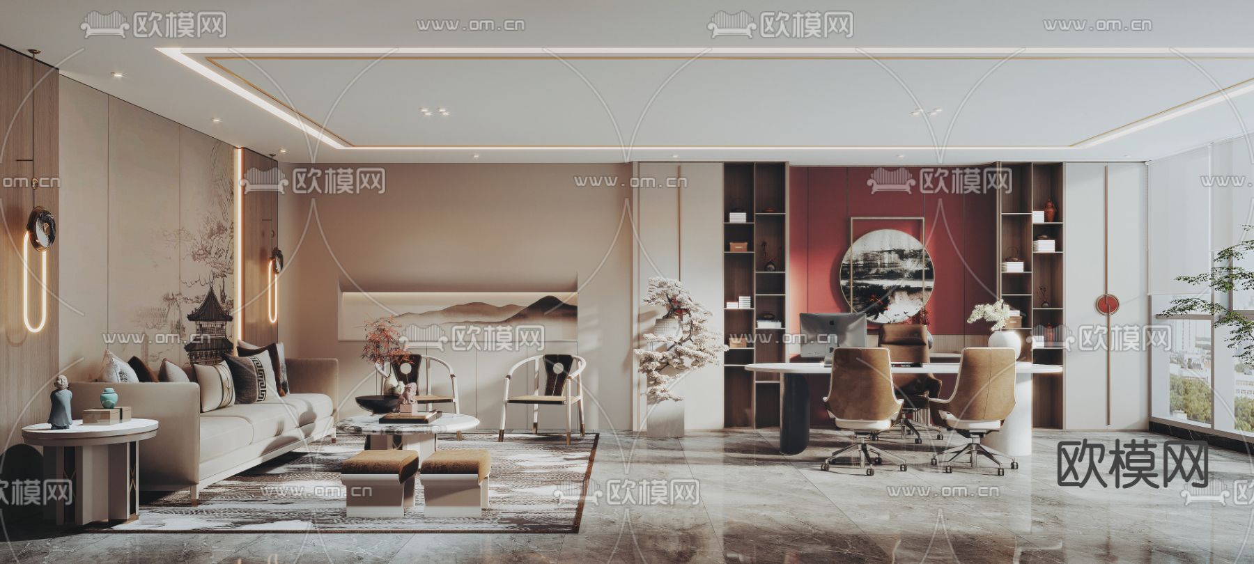 新中式总经理办公室su模型下载（渲染图1）