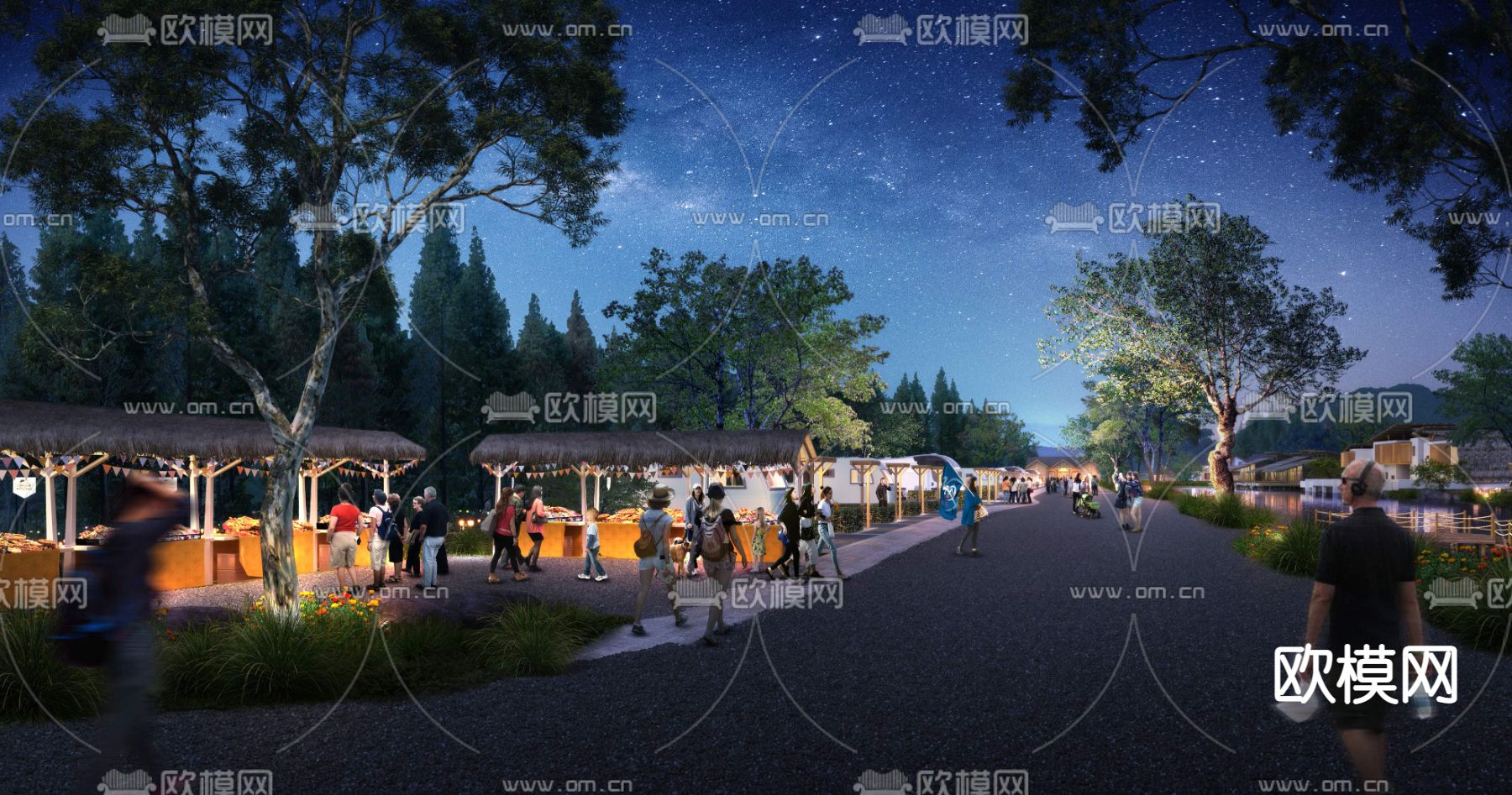 现代商业小吃街夜景景观psd下载