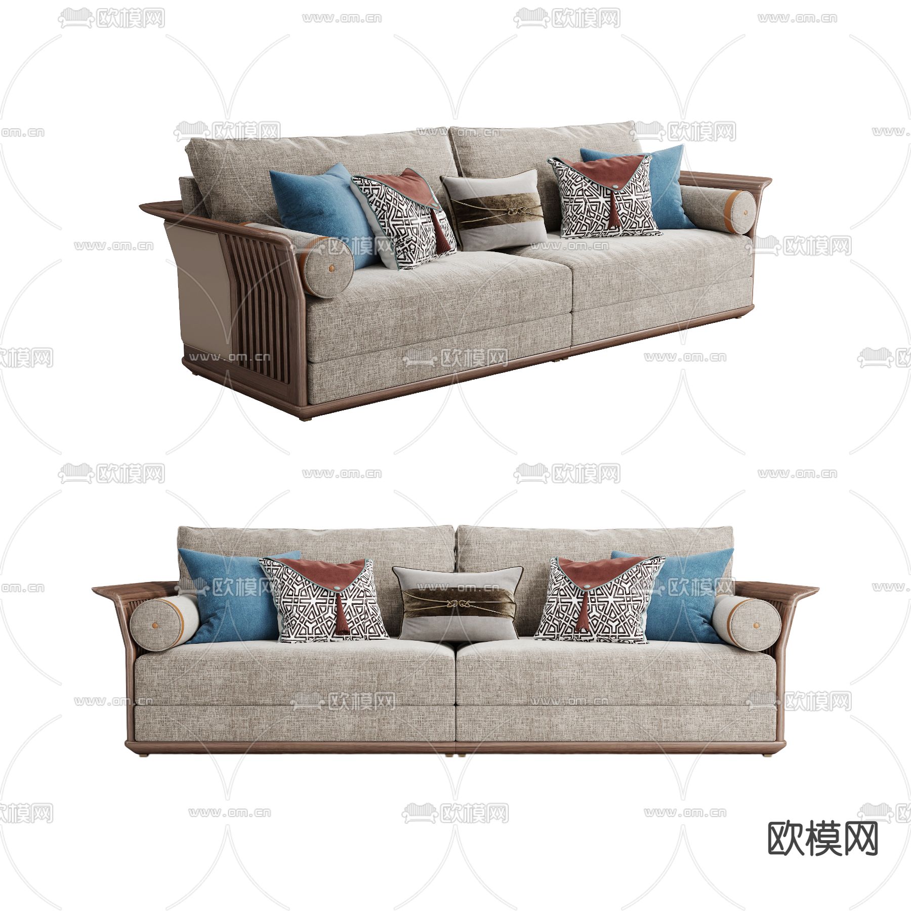 新中式布艺双人沙发3d模型下载_ID12057015_3dmax免费模型-欧模网