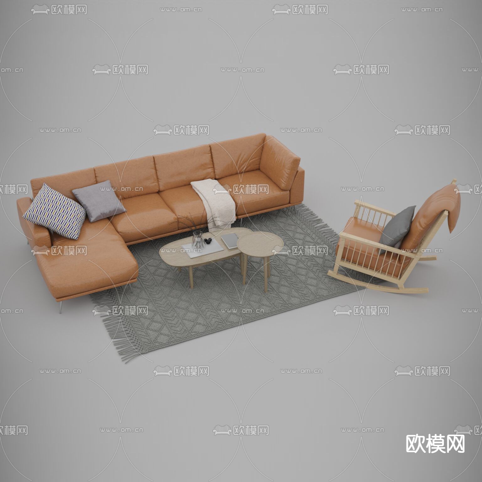 北欧简约皮革实木多人沙发组合免费3d模型下载