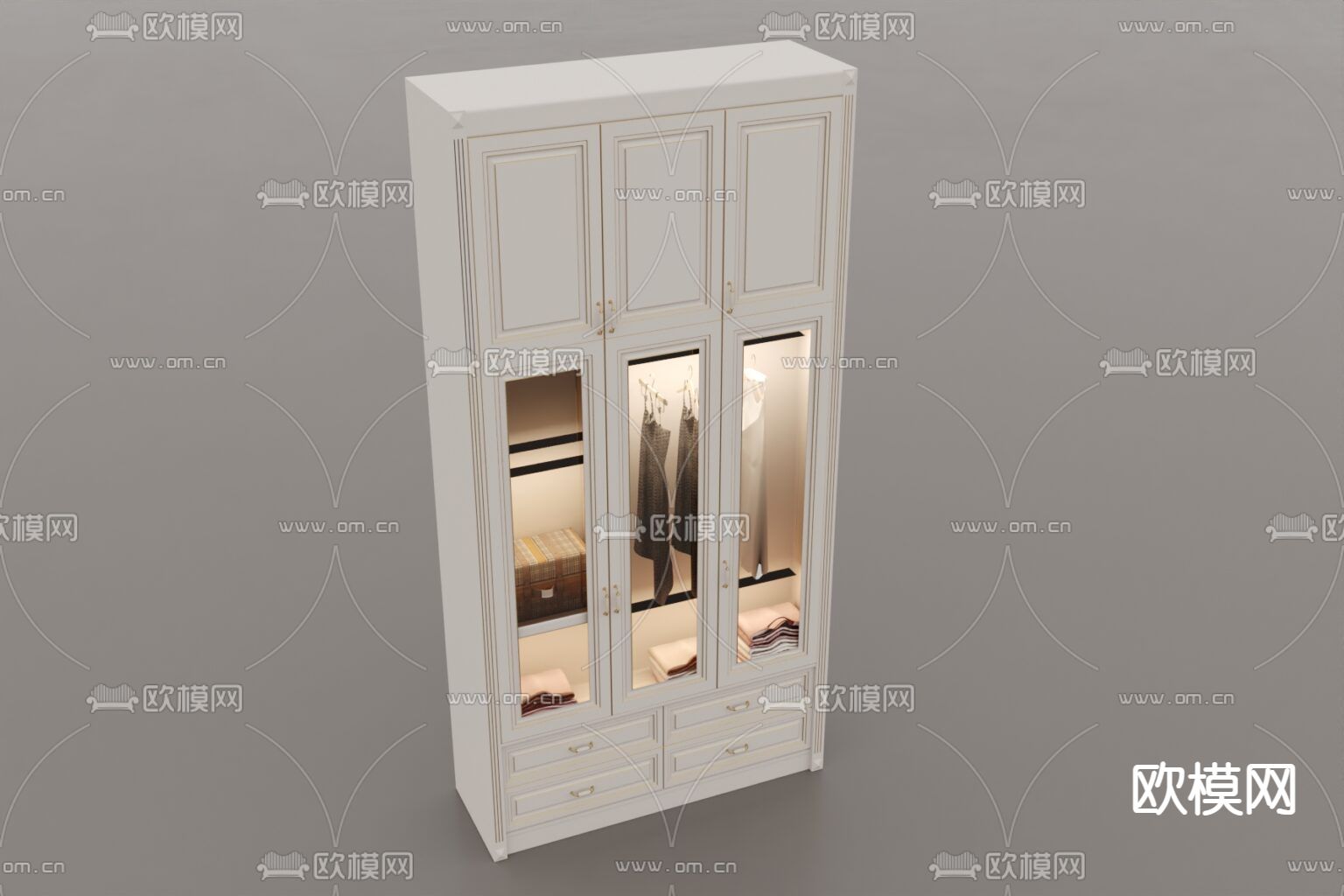 简欧创意实木实木玻璃衣柜免费3d模型下载