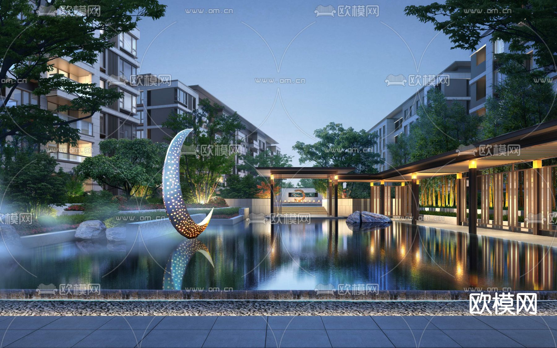 新中式住宅园林景观psd下载