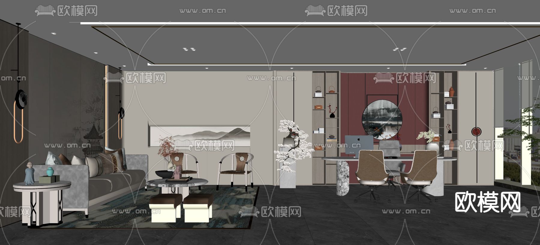 新中式总经理办公室su模型下载（渲染图2）