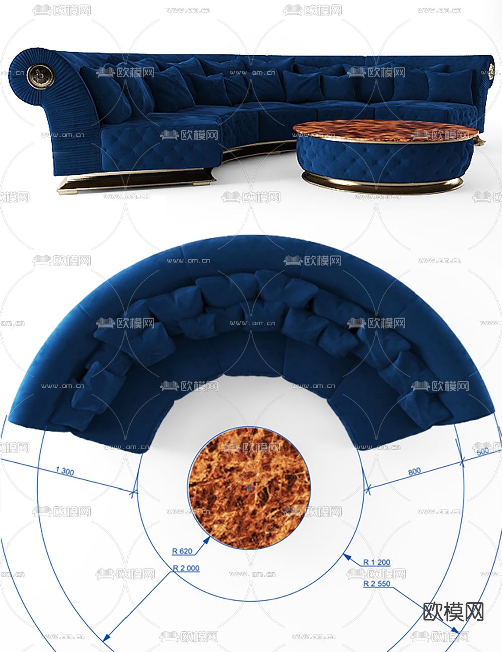 欧式布艺多人圆形沙发茶几组合3D模型-免费3dmax模型库-欧模网