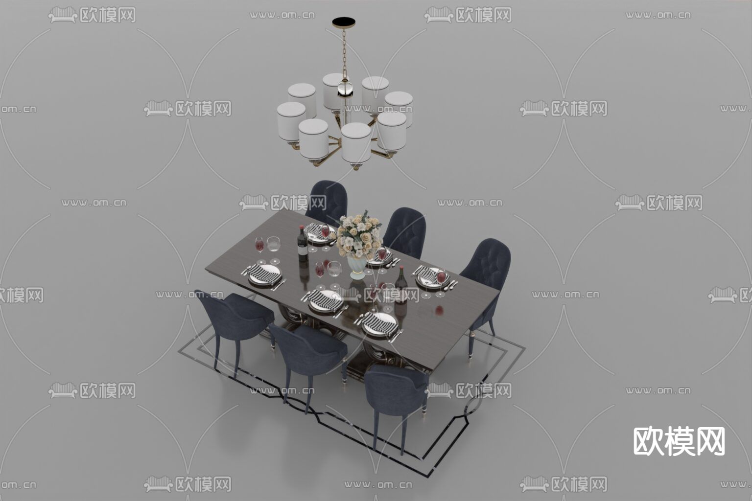 简欧创意实木烤漆布艺多人餐桌椅免费3d模型下载