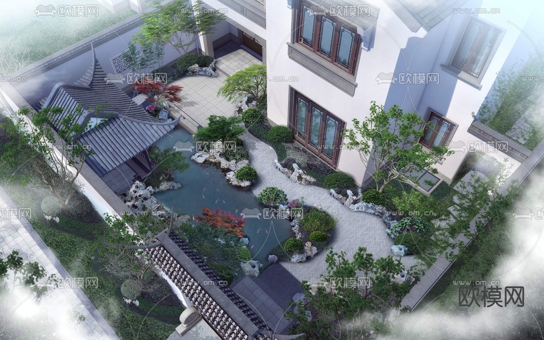 新中式庭院花园鸟瞰景观psd下载_ID12057851_3dmax免费模型-欧模网